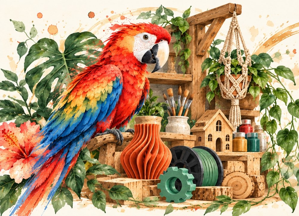 Akvarelová ilustrace červeného ary v kreativním ateliéru s dřevěnými výrobky, macramé a 3D tiskem